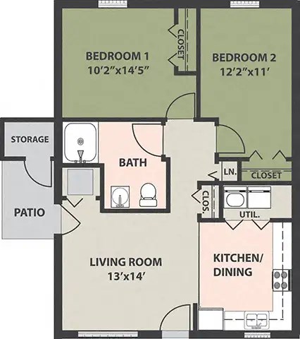 Floor plan for 2 beds, 1 bath, 817 sqft