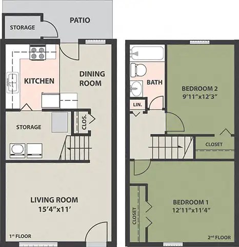Floor plan for 2 beds, 1 bath, 886 sqft