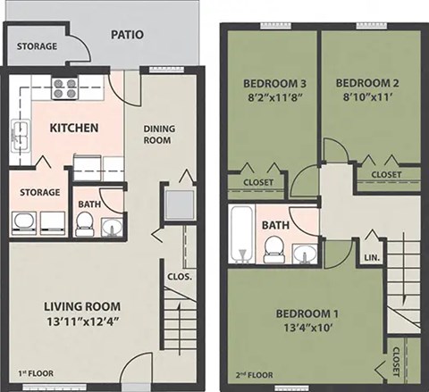 Floor plan for 3 beds, 1.5 baths, 1028 sqft