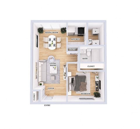 Floor plan for 1 bed, 1 bath, 600 sqft