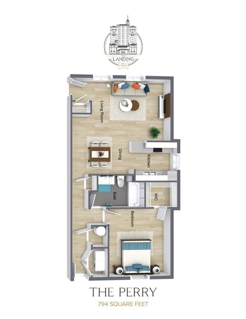Floor plan for 1 bed, 1 bath, 794 sqft