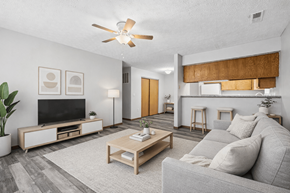 Columbus apartment for rent - A living room with a grey couch, a wooden coffee table, a television, and a ceiling fan.