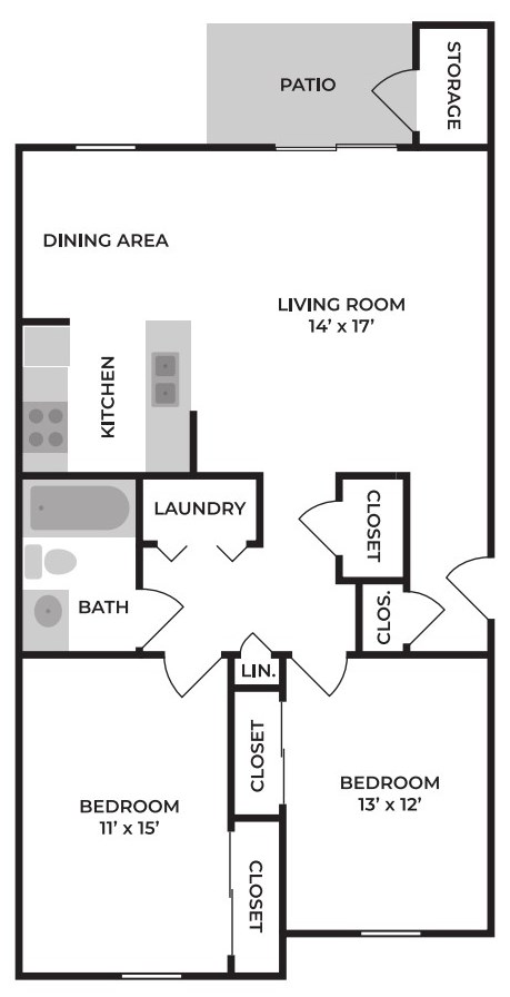 Floor plan for 2 beds, 1 bath, 911 sqft