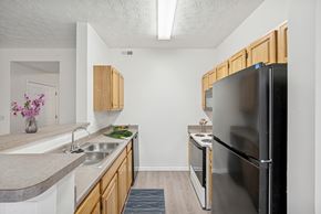 Columbus apartment for rent - A kitchen with a black refrigerator and wooden cabinets.