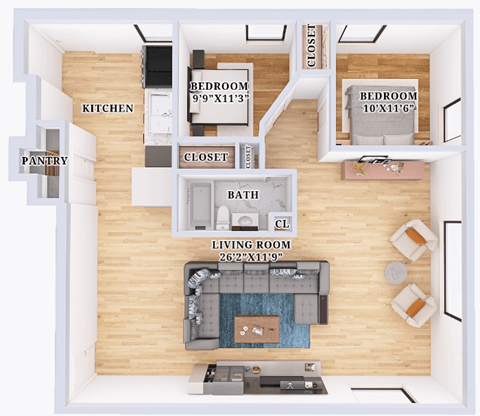 Floor plan for 2 beds, 1 bath, 850 sqft