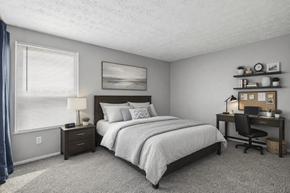 Columbus townhouse for rent - Bedroom with white bed and window at Sharon Green Townhomes, Columbus