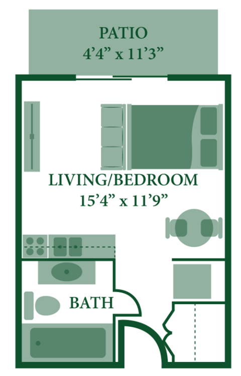 Floor plan for studio, 1 bath, 300 sqft