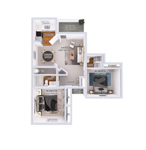 Floor plan for 2 beds, 2 baths, 928 sqft