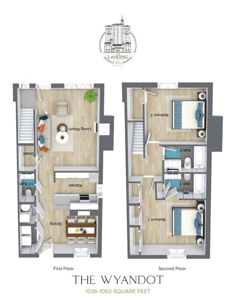 Floor plan for 2 beds, 2.5 baths, 1036 sqft
