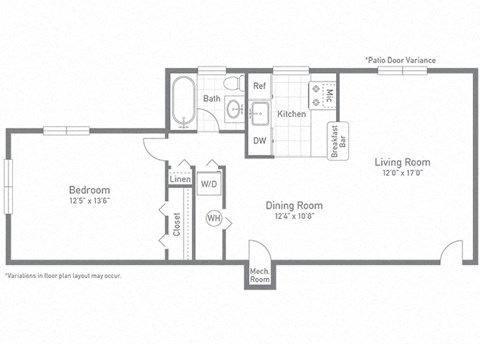 Floor plan for 1 bed, 1 bath, 716 sqft