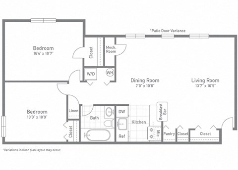 Floor plan for 2 beds, 1 bath, 903 sqft