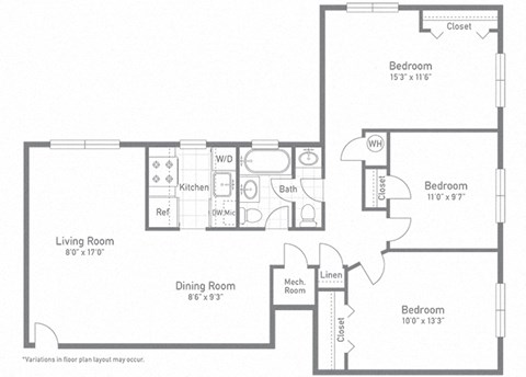 Floor plan for 3 beds, 1.5 baths, 928 sqft
