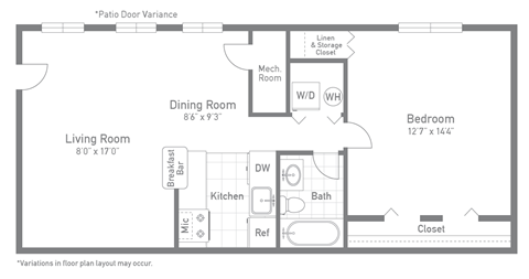 Floor plan for 1 bed, 1 bath, 663 sqft