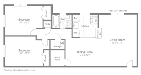 Floor plan for 2 beds, 1 bath, 872 sqft