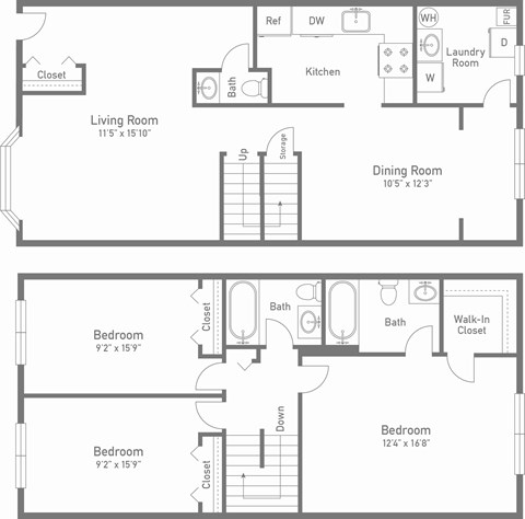 Floor plan for 3 beds, 2.5 baths, 1449 sqft