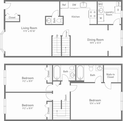 Floor plan for 3 beds, 2.5 baths, 1449 sqft