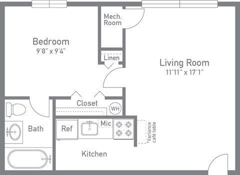 Floor plan for 1 bed, 1 bath, 404 sqft