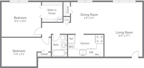 Floor plan for 2 beds, 1 bath, 805 sqft