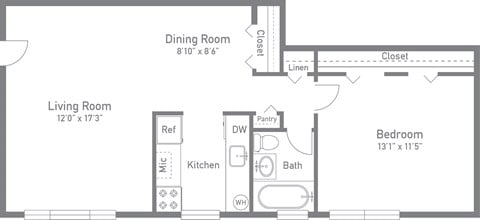 Floor plan for 1 bed, 1 bath, 630 sqft