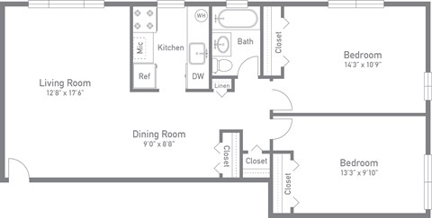 Floor plan for 2 beds, 1 bath, 817 sqft