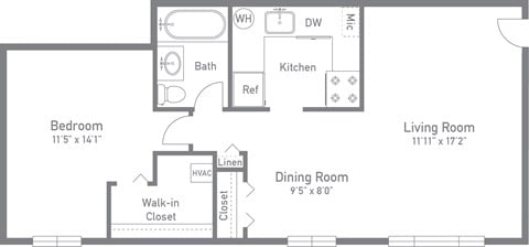 Floor plan for 1 bed, 1 bath, 629 sqft