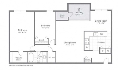Floor plan for 2 beds, 1 bath, 1055 sqft
