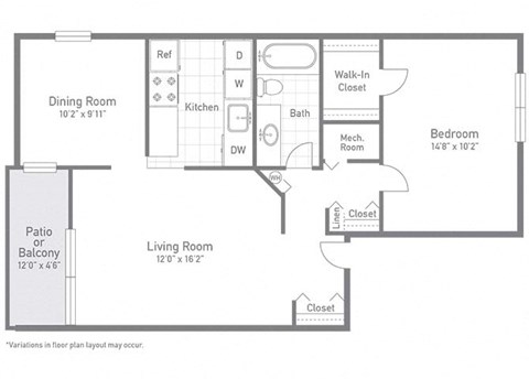Floor plan for 1 bed, 1 bath, 853 sqft