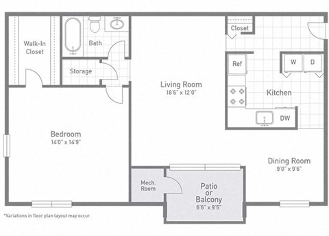 Floor plan for 1 bed, 1 bath, 943 sqft
