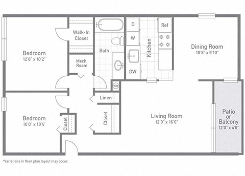 Floor plan for 2 beds, 1 bath, 967 sqft