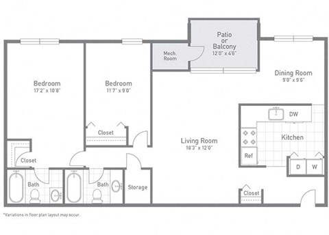 Floor plan for 2 beds, 2 baths, 1055 sqft