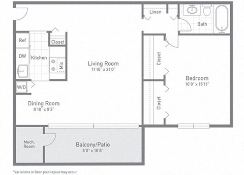 Floor plan for 1 bed, 1 bath, 723 sqft