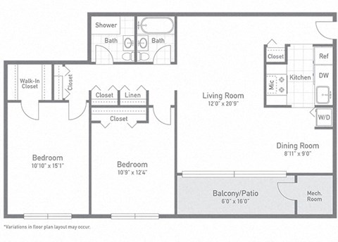Floor plan for 2 beds, 2 baths, 970 sqft