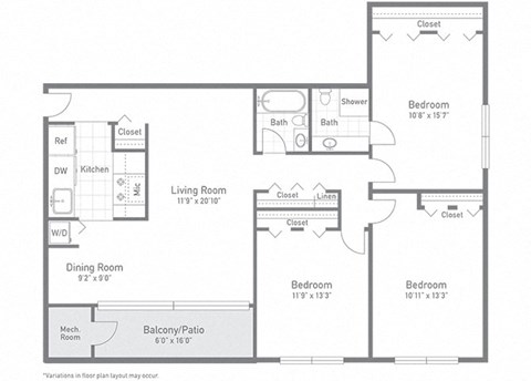 Floor plan for 3 beds, 2 baths, 1121 sqft