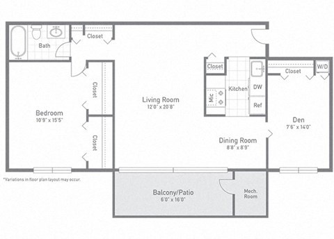 Floor plan for 1 bed, 1 bath, 855 sqft