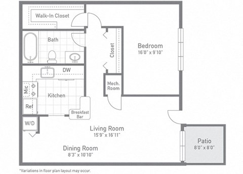 Floor plan for 1 bed, 1 bath, 814 sqft