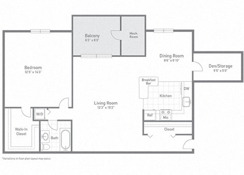 Floor plan for 1 bed, 1 bath, 814 sqft