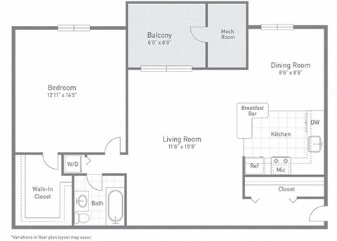 Floor plan for 1 bed, 1 bath, 769 sqft
