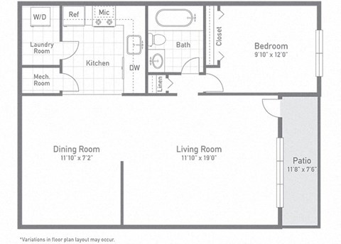 Floor plan for 1 bed, 1 bath, 652 sqft
