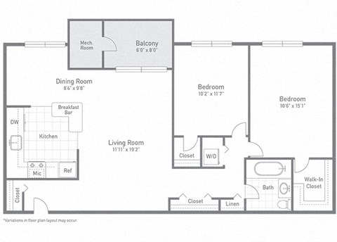 Floor plan for 2 beds, 1 bath, 915 sqft