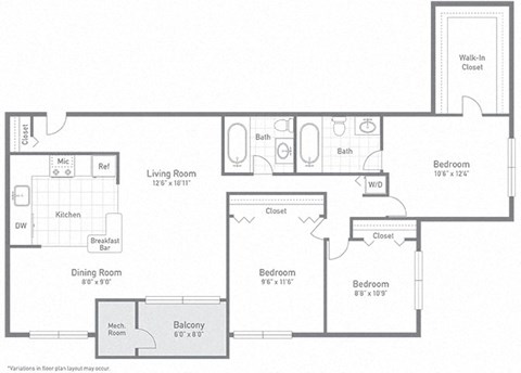 Floor plan for 3 beds, 2 baths, 1035 sqft