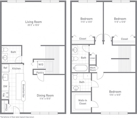 Floor plan for 3 beds, 2.5 baths, 1523 sqft