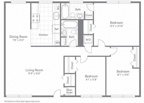 Floor plan for 3 beds, 2 baths, 1350 sqft