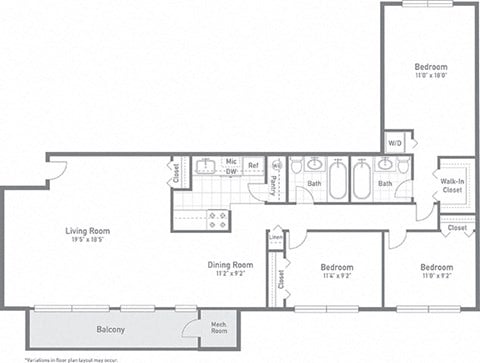 Floor plan for 3 beds, 2 baths, 1343 sqft