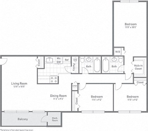 Floor plan for 3 beds, 2 baths, 1218 sqft