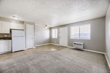 Denver apartment for rent - A sparsely furnished living room with a carpeted floor and a window with blinds.