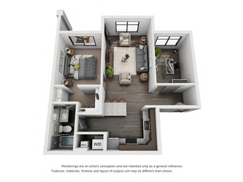 Floor plan for 1 bed, 1 bath, 764 sqft