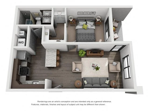 Floor plan for 1 bed, 1 bath, 620 sqft