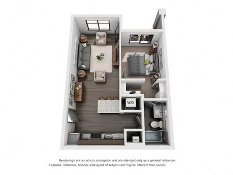 Floor plan for 1 bed, 1 bath, 617 sqft