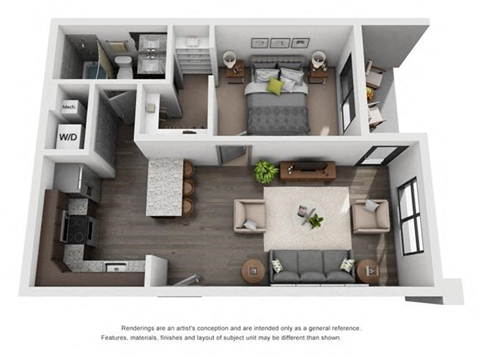 Floor plan for 1 bed, 1 bath, 650 sqft