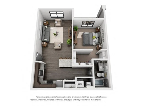Floor plan for 1 bed, 1 bath, 726 sqft